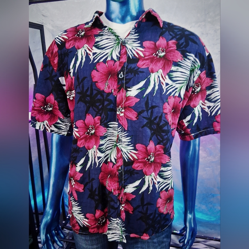 Jogal Pink Purple Floral Hawaiian Shirt Mens XL Tropical Woven Beach Summer Vibe